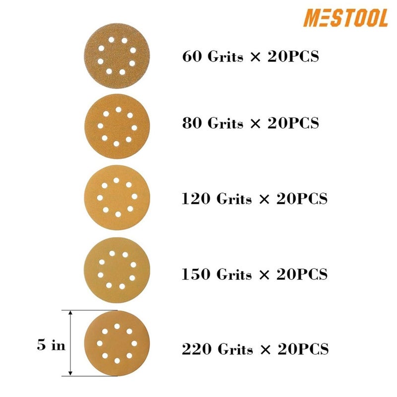Mestool 5-Inch 8-Hole Hook and Loop Sanding Discs, Orbital Sander Sandpaper Discs, 100 Pieces Round Sandpaper Set Include 60 80 120 150 and 220 Grits - Image 3