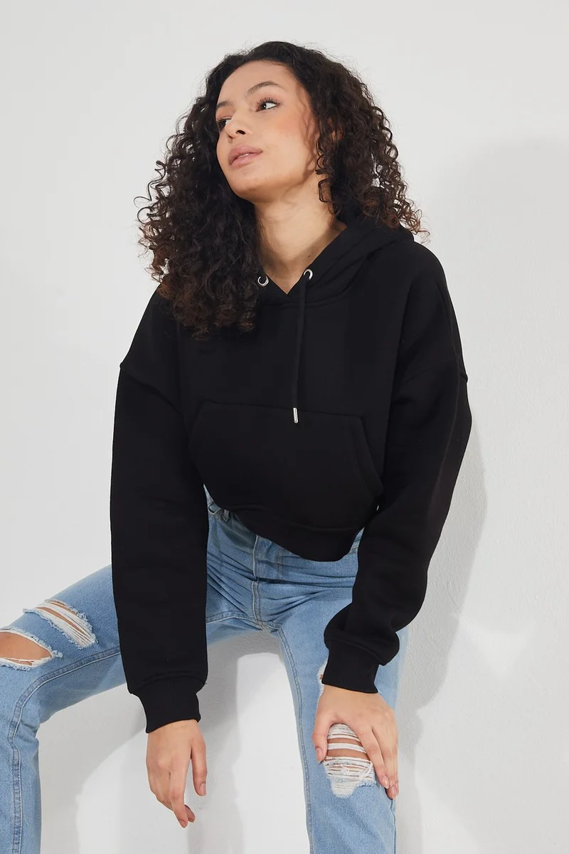 Twenty3 Women's Hooded Kangaroo Pocket 3-Thread Fleece Raised Basic Thick Crop Sweatshirt