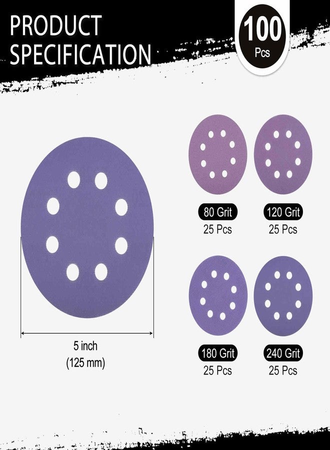 Kozelo 100 Pack Sanding Disc Kit 5 Inch 80/120/180/240 Grit 8 Hole Hook and Loop Orbital Sandpaper for Drywall Sander Wood Metal, Purple - Image 2