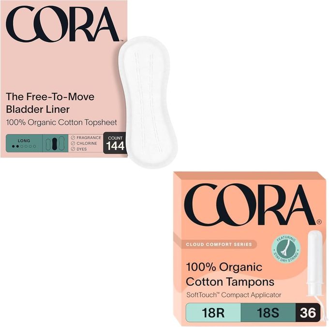 cora Organic Feminine Care 144 Long Bladder Liners Incontinence Postpartum Pads and 36RS Applicator Tampon Multipack UltraAbsorbent Unscented Natural NonToxic Bundle Pack - Image 2