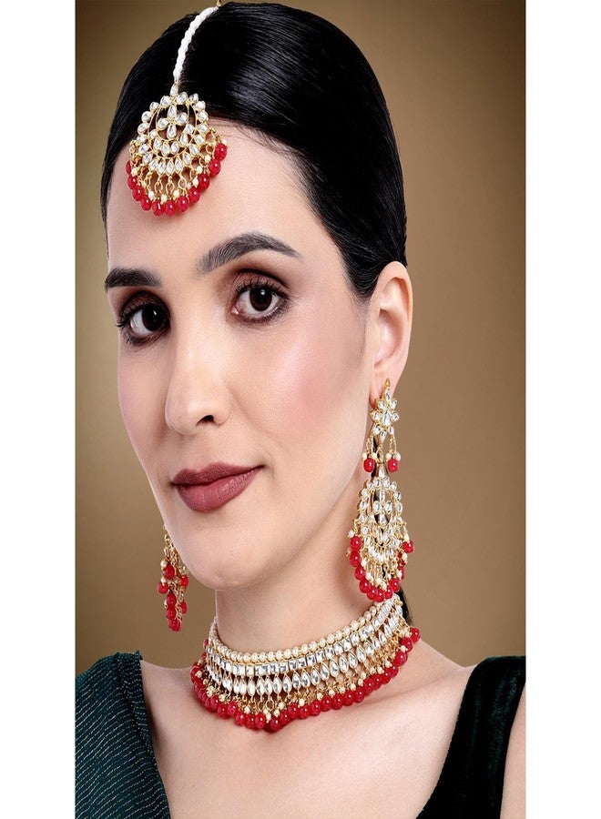 Peora 18K Gold Plated Kundan Pearl Choker Necklace Earring Mang Tikka Traditional Jewellery Set for Women Wedding - Image 3