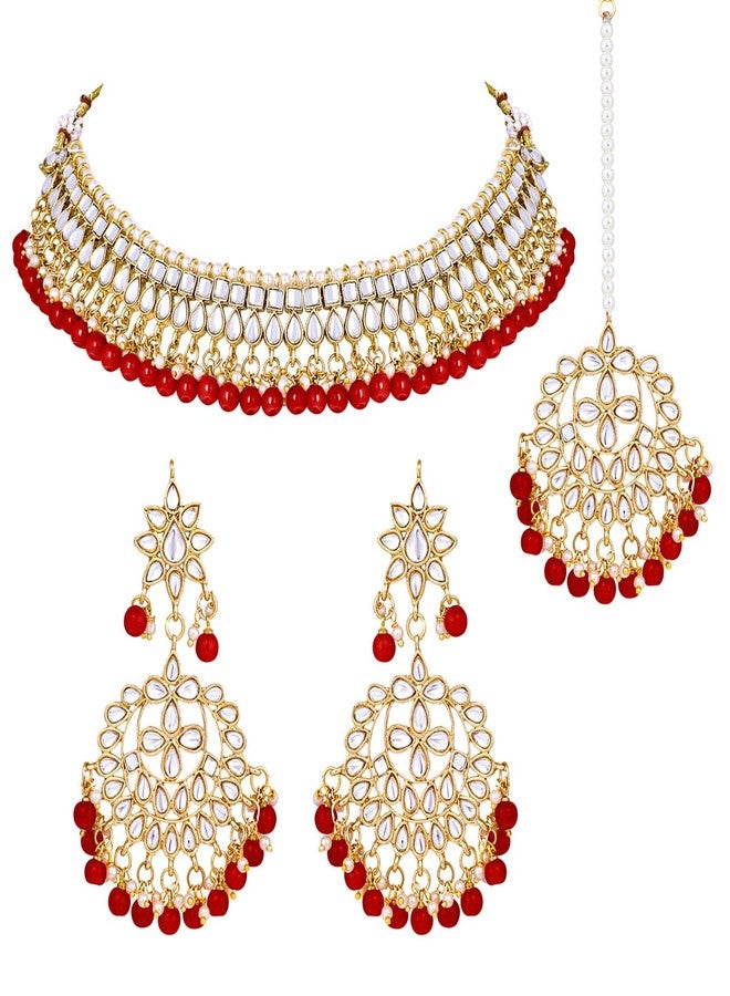 Peora 18K Gold Plated Kundan Pearl Choker Necklace Earring Mang Tikka Traditional Jewellery Set for Women Wedding - Image 1