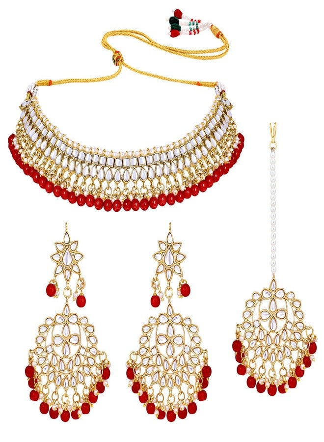 Peora 18K Gold Plated Kundan Pearl Choker Necklace Earring Mang Tikka Traditional Jewellery Set for Women Wedding - Image 5