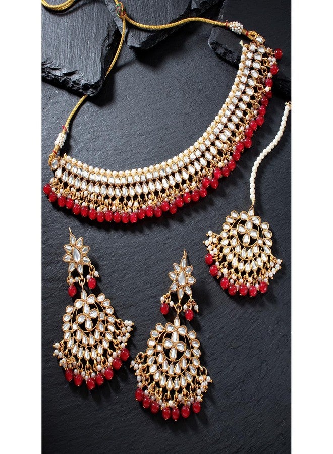 Peora 18K Gold Plated Kundan Pearl Choker Necklace Earring Mang Tikka Traditional Jewellery Set for Women Wedding - Image 2