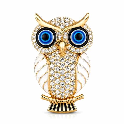 BLUE BEADS Gold with Evil Eye Crystal Rhinestone Sparkling Owl Fridge Sticker Magnet - Sign of Good Luck & Protection (White), 1 Piece - Image 1