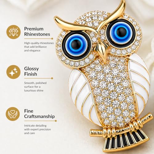 BLUE BEADS Gold with Evil Eye Crystal Rhinestone Sparkling Owl Fridge Sticker Magnet - Sign of Good Luck & Protection (White), 1 Piece - Image 5