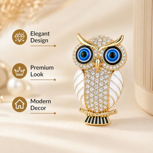 BLUE BEADS Gold with Evil Eye Crystal Rhinestone Sparkling Owl Fridge Sticker Magnet - Sign of Good Luck & Protection (White), 1 Piece - Image 3
