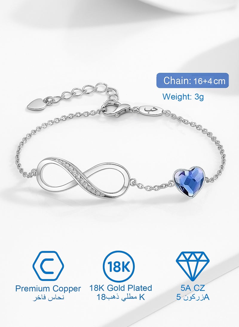 فوريكاسا سوار اللانهاية بحجر زركون على شكل قلب أزرق فاتح | مطلي بالنحاس بالذهب الأبيض عيار 18 | قابل للتعديل 16+4 سم | علبة هدية مضادة للتشوه بلون أبيض نجومي - Image 4