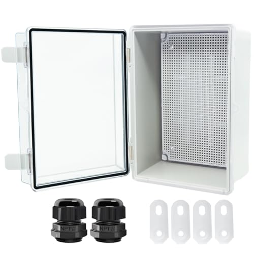 Otdorpatio Junction Box, Hinged Clear Cover IP67 Waterproof ABS Project Box with 2 NPT 1/2" Cable Gland, Electrical Box Enclosure with Mounting Plate & Wall Bracket 11.4 x 7.5 x 5.5inch(290x190x140mm) - Image 1