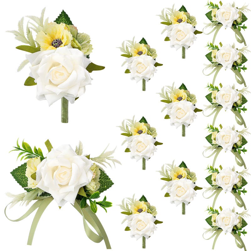 12 Pcs Boutonniere and Corsage for Wedding Party Flower Wrist Corsages with Pins for Men Women Groom Bride Groomsmen Prom Ceremony Anniversary Dinner Decor White