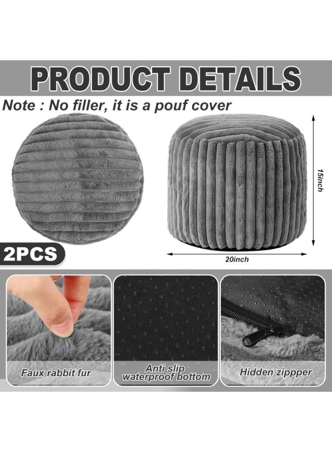 2 Pieces 20 x 15 Inch Unfilled Pouf Covers - No Filler, Rabbit Faux Fur Floor Chair, Floor Storage Chair for Living Room Bedroom Home Decor (Gray) - Image 2