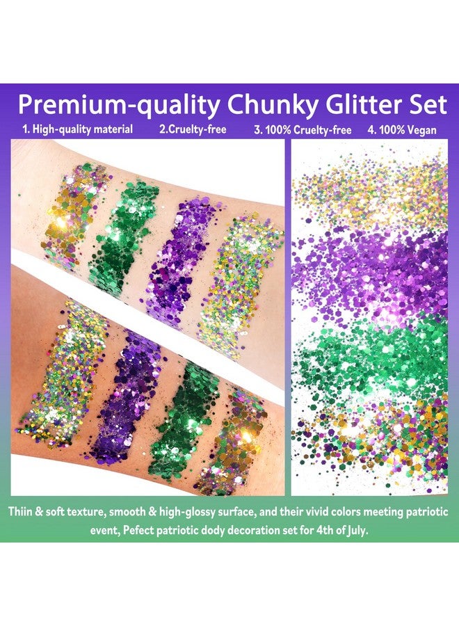 Allstarry Mardi Gras Face Glitter, 4 Colors Chunky Body Glitters Purple Green Gold Face Glitter Eyeshadow Makeup Hair and Eye Glitter Mardi Gras Accessories for Women Mask Balls Street Parties - Image 2