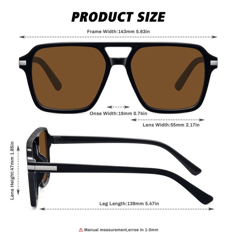 Fozono Retro Aviator Sunglasses for Women Men Trendy Classic Square 70s 80s 90s Vintage Shades Double Bridge Aviators FZN813 Black/Brown - Image 4