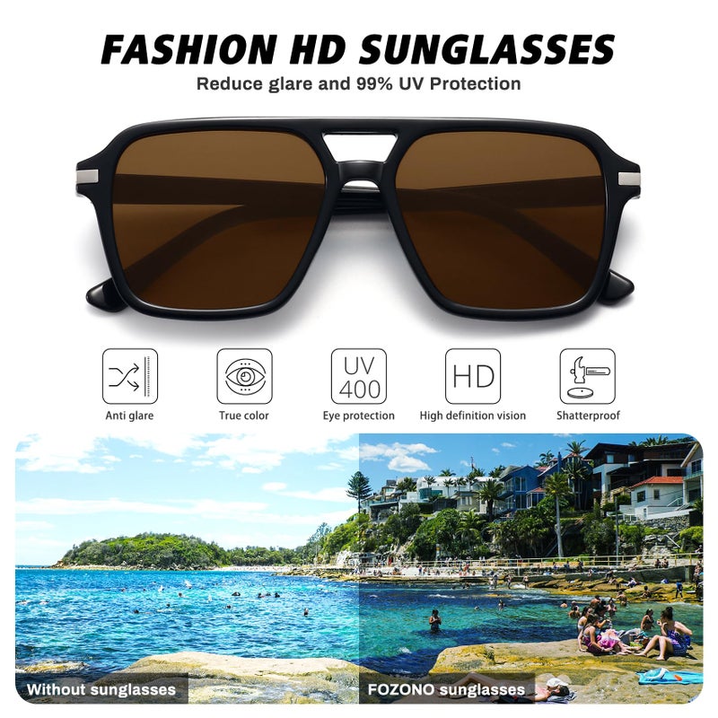 Fozono Retro Aviator Sunglasses for Women Men Trendy Classic Square 70s 80s 90s Vintage Shades Double Bridge Aviators FZN813 Black/Brown - Image 3