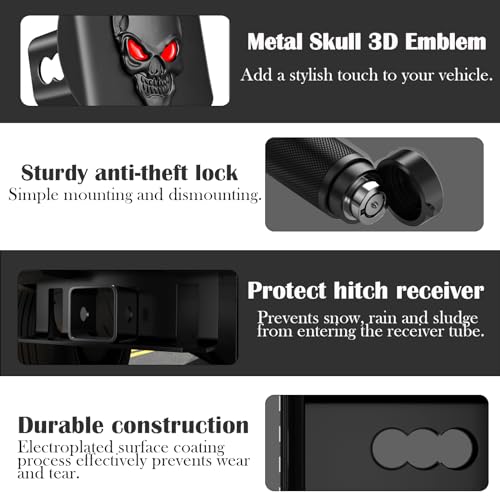 OGYE Metal Skull 3D Emblem Hitch Cover Fits 2" Receivers(with 5/8" Pin Dia Anti-Theft Trailer Hitch Lock) - Image 3