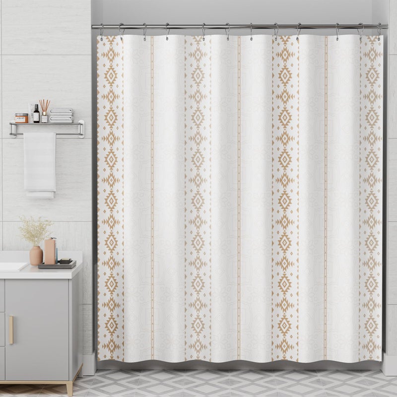 AmazerBath Shower Curtain, Khaki Boho Cloth Shower Curtain with 12 Shower Curtain Hooks, Hotel Quality Washable Rustic Farmhouse Polyester Fabric Bathroom Shower Curtain Set, 72x72 Inches - Image 1