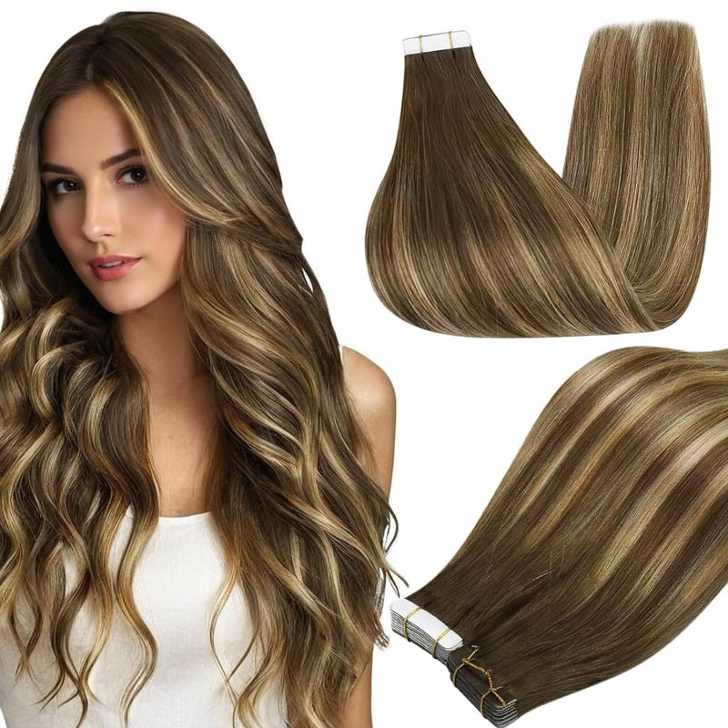 Full Shine Balayage Hair Extensions Tape in 12Inch Tape in Extensions Real Human Hair Color 4 Medium Brown Ombre 24 Honey Blonde Highlight 4 Brown Seamless Skin Weft Tape ins 30Gram 20Pcs - Image 1