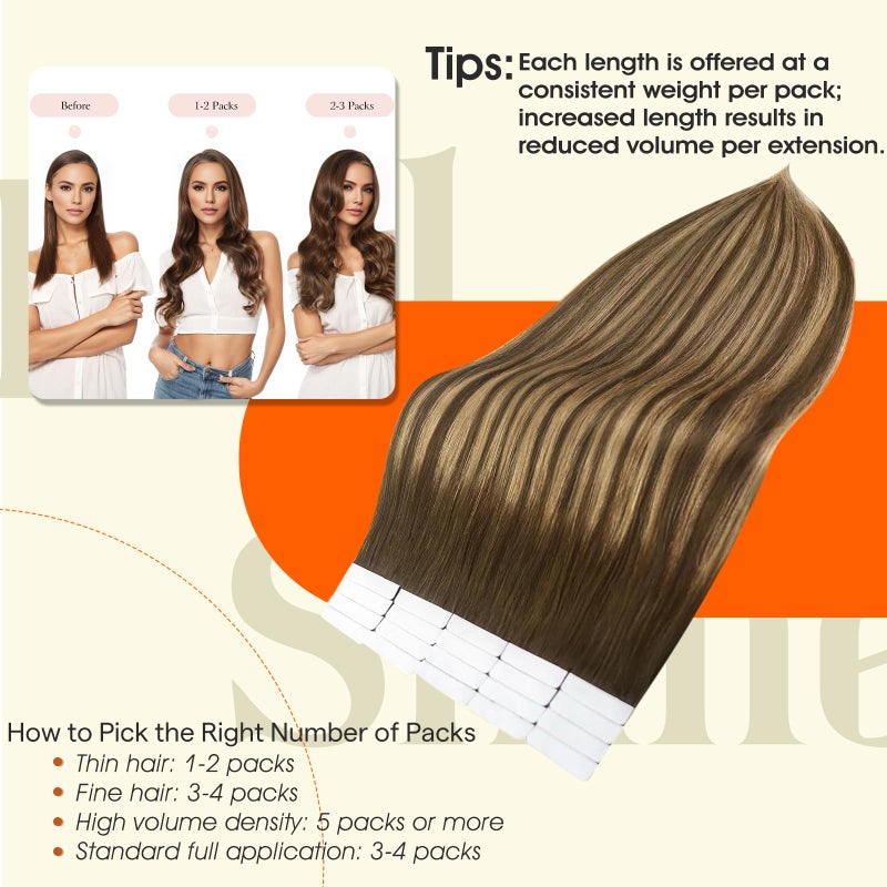 Full Shine Balayage Hair Extensions Tape in 12Inch Tape in Extensions Real Human Hair Color 4 Medium Brown Ombre 24 Honey Blonde Highlight 4 Brown Seamless Skin Weft Tape ins 30Gram 20Pcs - Image 4