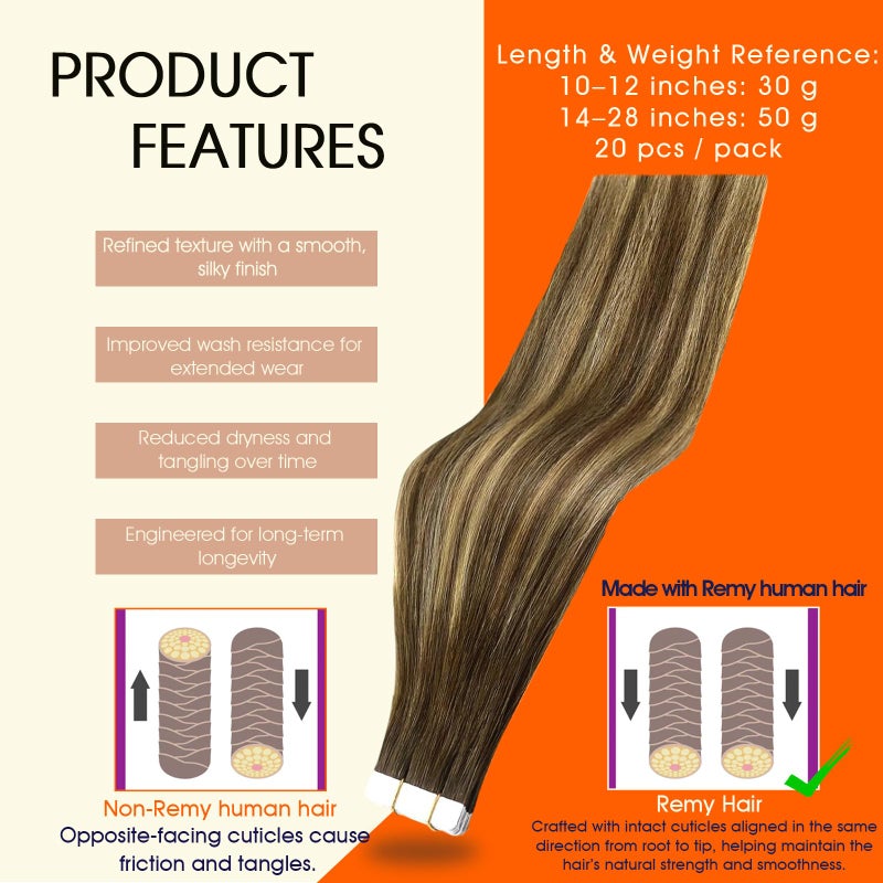 Full Shine Balayage Hair Extensions Tape in 12Inch Tape in Extensions Real Human Hair Color 4 Medium Brown Ombre 24 Honey Blonde Highlight 4 Brown Seamless Skin Weft Tape ins 30Gram 20Pcs - Image 2