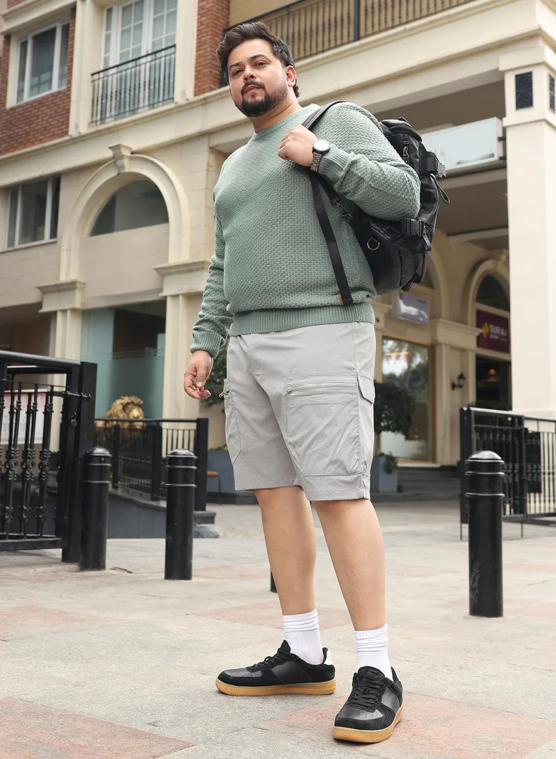 انستافاب بلس Instafab Plus Men Modular-Utility Shorts | Mid-Rise , Elasticated -Waistband | Button Closure , Straight Hem | Solid Textured | Woven Fabric For Street & Casual Wear | Coin Grey