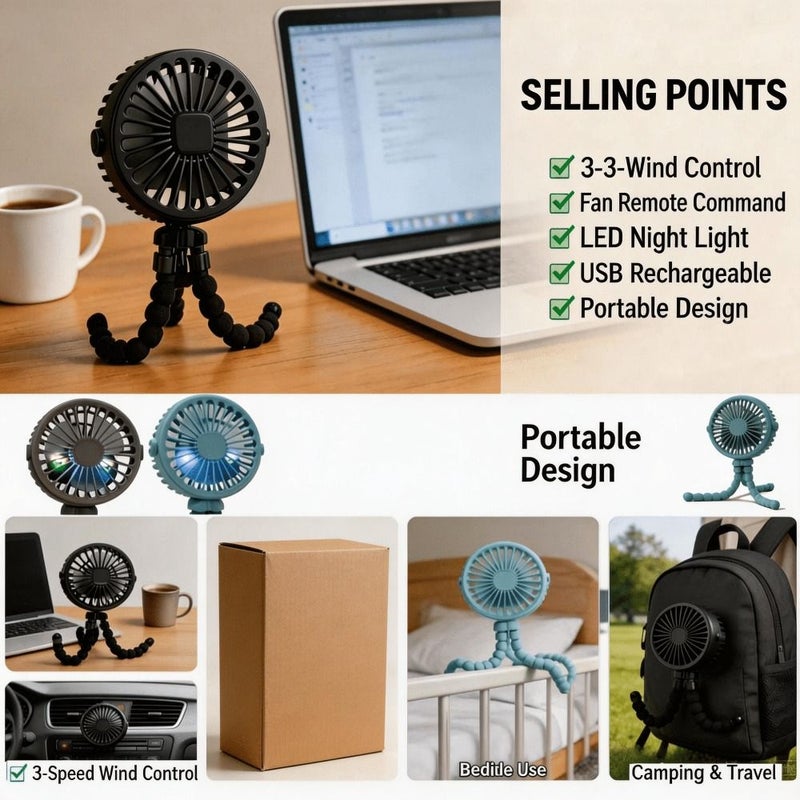 Gray Octopus Portable USB Tripod Mini Fan With LED Night Light 3 Speed Clip On For Car Camping Travel Office - Image 2