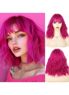 NAYOO Hot Pink Wig With Bangs, 14 Inch Hot Pink Bob Wig With Bangs For Women, Shoulder Length Short Pink Wigs, Hot Pink Wig With Bangs, Hot Pink And Purple Wig, Pink Short Wig Pink Cosplay Wig  - Image 1