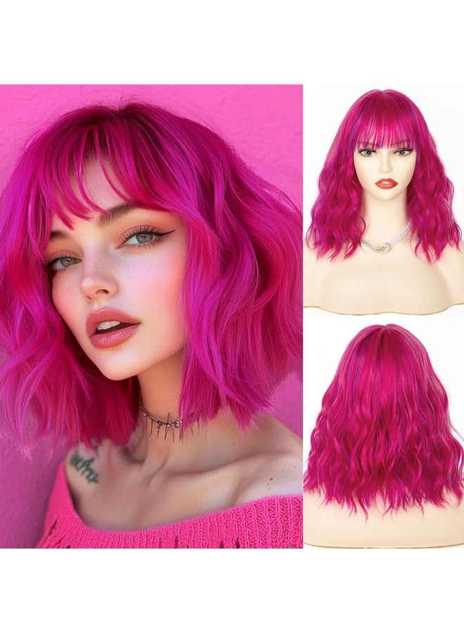 NAYOO Hot Pink Wig With Bangs, 14 Inch Hot Pink Bob Wig With Bangs For Women, Shoulder Length Short Pink Wigs, Hot Pink Wig With Bangs, Hot Pink And Purple Wig, Pink Short Wig Pink Cosplay Wig - Image 1