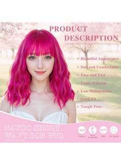NAYOO Hot Pink Wig With Bangs, 14 Inch Hot Pink Bob Wig With Bangs For Women, Shoulder Length Short Pink Wigs, Hot Pink Wig With Bangs, Hot Pink And Purple Wig, Pink Short Wig Pink Cosplay Wig  - Image 2