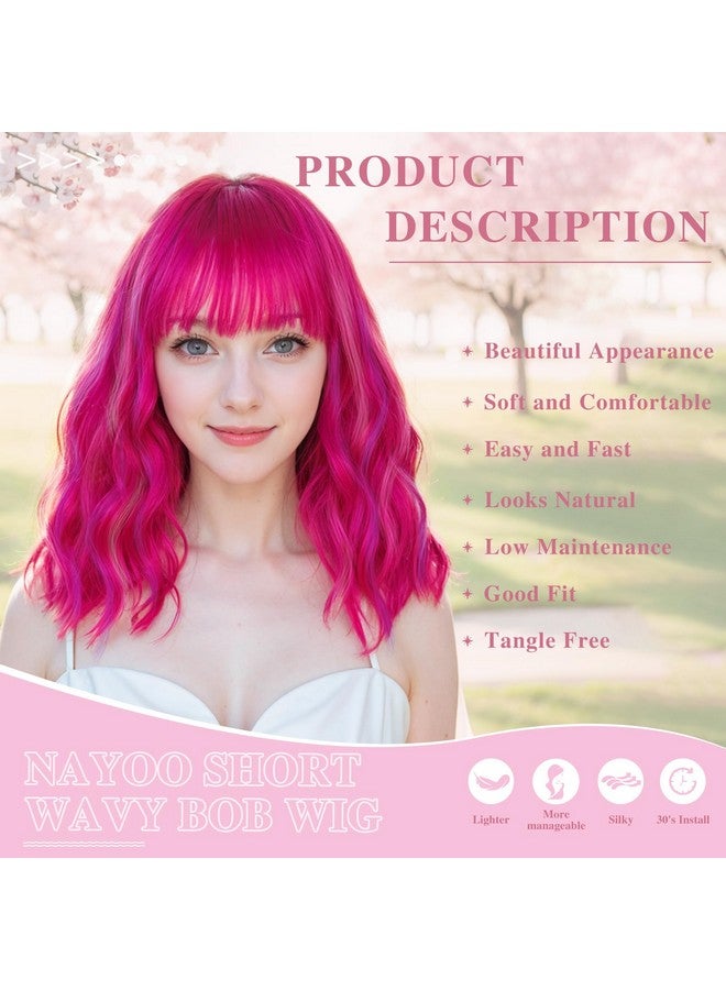 NAYOO Hot Pink Wig With Bangs, 14 Inch Hot Pink Bob Wig With Bangs For Women, Shoulder Length Short Pink Wigs, Hot Pink Wig With Bangs, Hot Pink And Purple Wig, Pink Short Wig Pink Cosplay Wig - Image 2