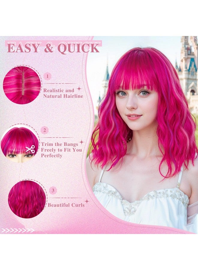 NAYOO Hot Pink Wig With Bangs, 14 Inch Hot Pink Bob Wig With Bangs For Women, Shoulder Length Short Pink Wigs, Hot Pink Wig With Bangs, Hot Pink And Purple Wig, Pink Short Wig Pink Cosplay Wig - Image 3