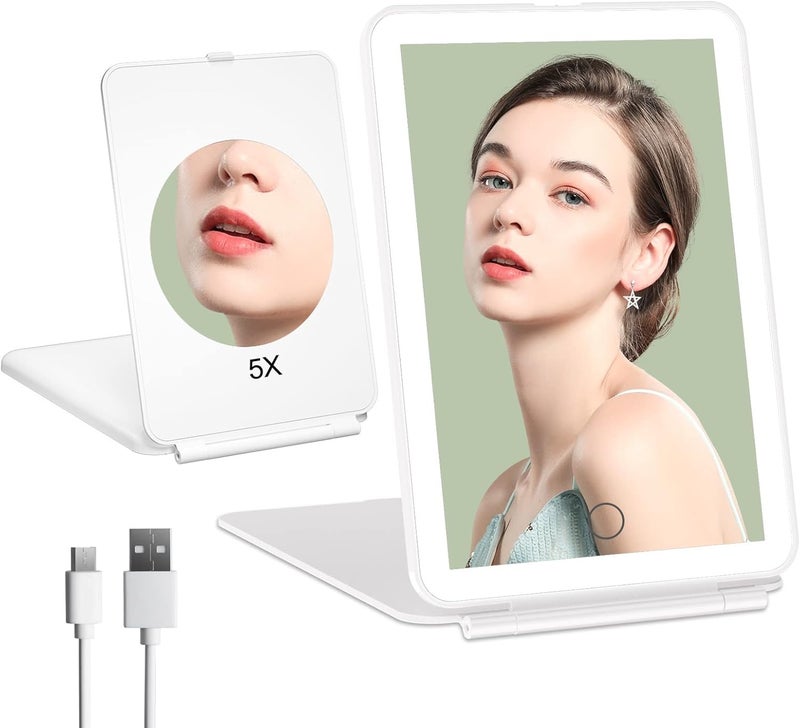 FUNTOUCH Rechargeable Portable Makeup Mirror with 72 LED Lights, Travel Lighted 1X/5X Magnification, 3 Color Lighting,Dimmable Touch Screen, Tabletop Folding Cosmetic Lights - Image 1