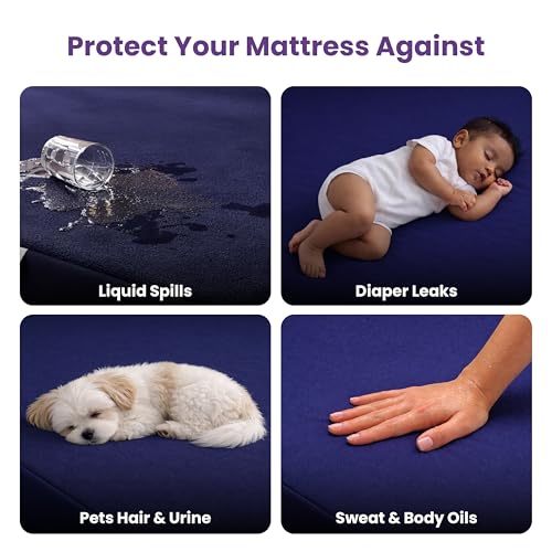 MY ARMOR Premium Ultra Soft Cotton Feel Mattress Protector Queen Size 72" x 48" Double Bed Protector | 100% Waterproof, Breathable, 2 Layer Protection | Washable | Elastic Skirting - Navy Blue - Image 4