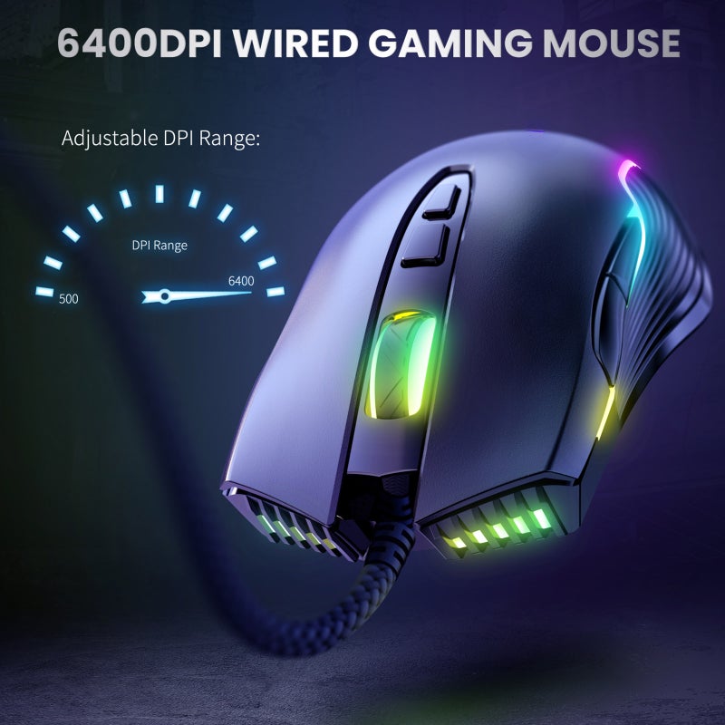 أونيكوما CW905 مُلاعب سلكية USB مع ضوء LED RGB ألعاب ألكترونية بصري قابل للتعديل 6400 نقطة في البوصة لجهاز الكمبيوتر المحمول والكمبيوتر المكتبي والأجهزة الحاسوبية - Image 3