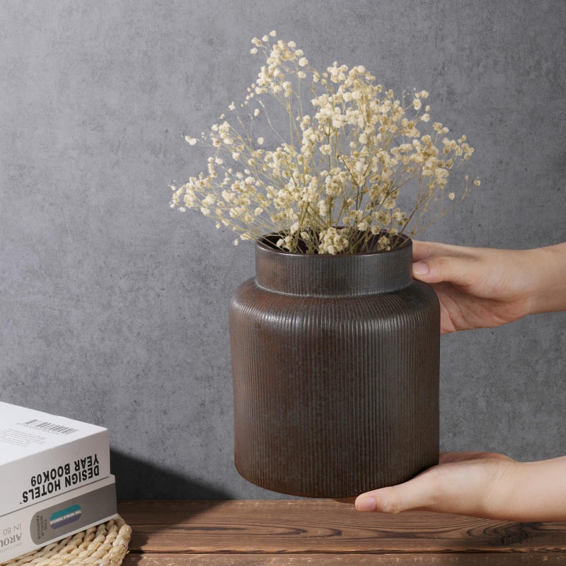 RIKBVOM Rustic Vases for Decor, Farmhouse Ceramic Vase for Flowers, Vintage Decorative Vase for Home Decor, Dining Table, Living Room, Shelf, Kitchen, Bedroom (Dark Brown) - Image 3
