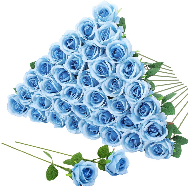 Hoemwarm 36 Pcs Sky Blue Artificial Roses with Long Stems Blue Fake Silk Rose Artificial Flowers Bulk for Bridal Wedding Bouquet Centerpiece Ball Arrangement Party Decor - Image 2