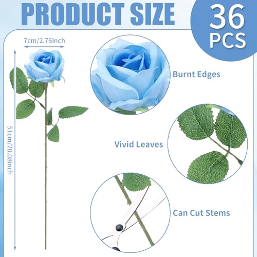 Hoemwarm 36 Pcs Sky Blue Artificial Roses with Long Stems Blue Fake Silk Rose Artificial Flowers Bulk for Bridal Wedding Bouquet Centerpiece Ball Arrangement Party Decor - Image 3
