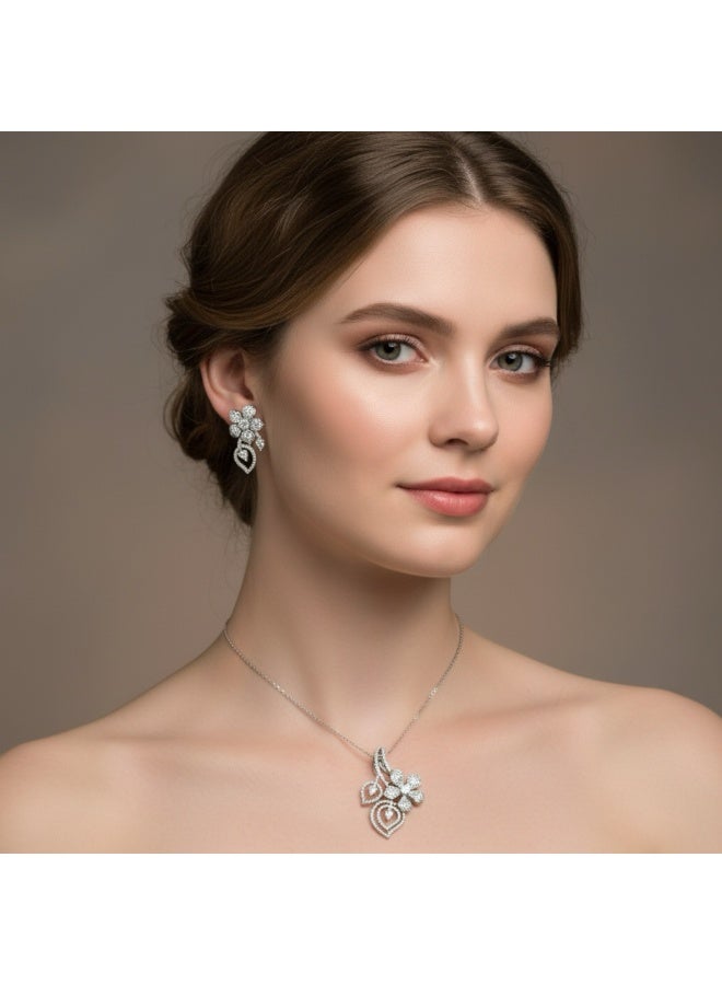 Pretty Precious Elegant American Diamond Pendant Set for Women | Rhodium Plated CZ Jewellery | Necklace with Matching Earrings - Image 1