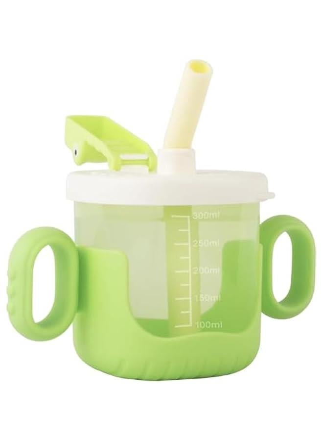 Gonice Baby Training Cup with Lid and Straw, Free-flow Cup, Transition Sippy Cup and Open Cup with Handles, Spill-Proof, Leak-Proof Soft Silicone Spout Cup 300ML (Green) - Image 1