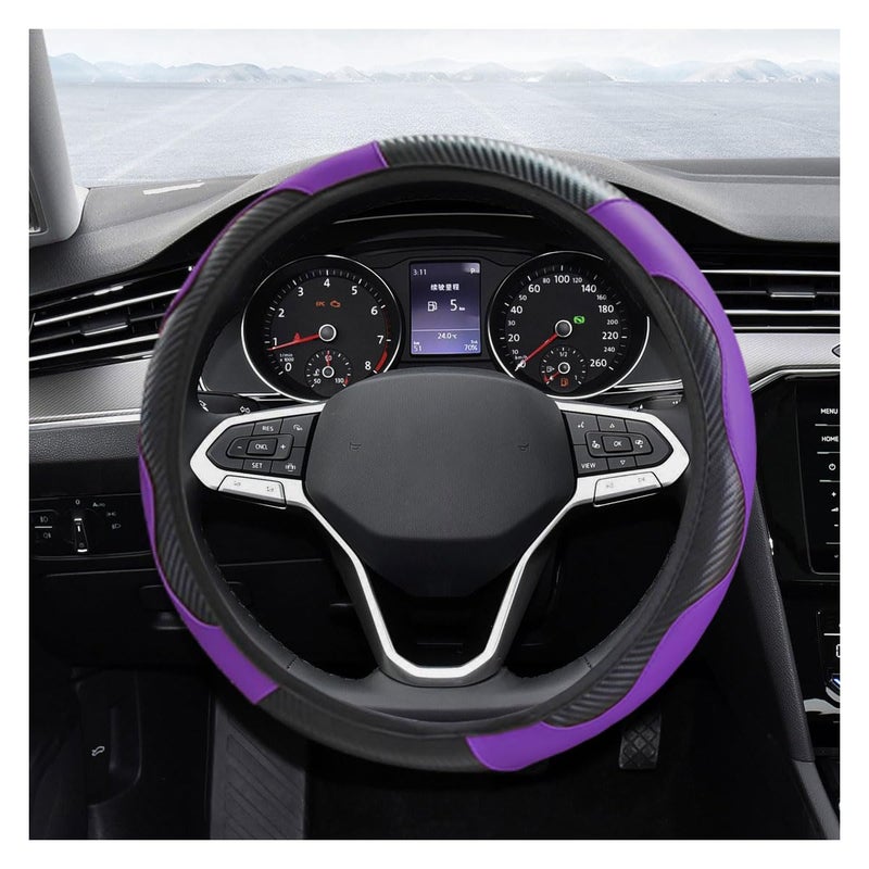 KITUREK Car Steering Wheel Cover 15 Inch Carbon Fiber Leather Elastic Steering Wheel Protector AntiSlip Breathable Soft Car Interior Accessories Universal for Most Cars Men Women Purple - Image 3