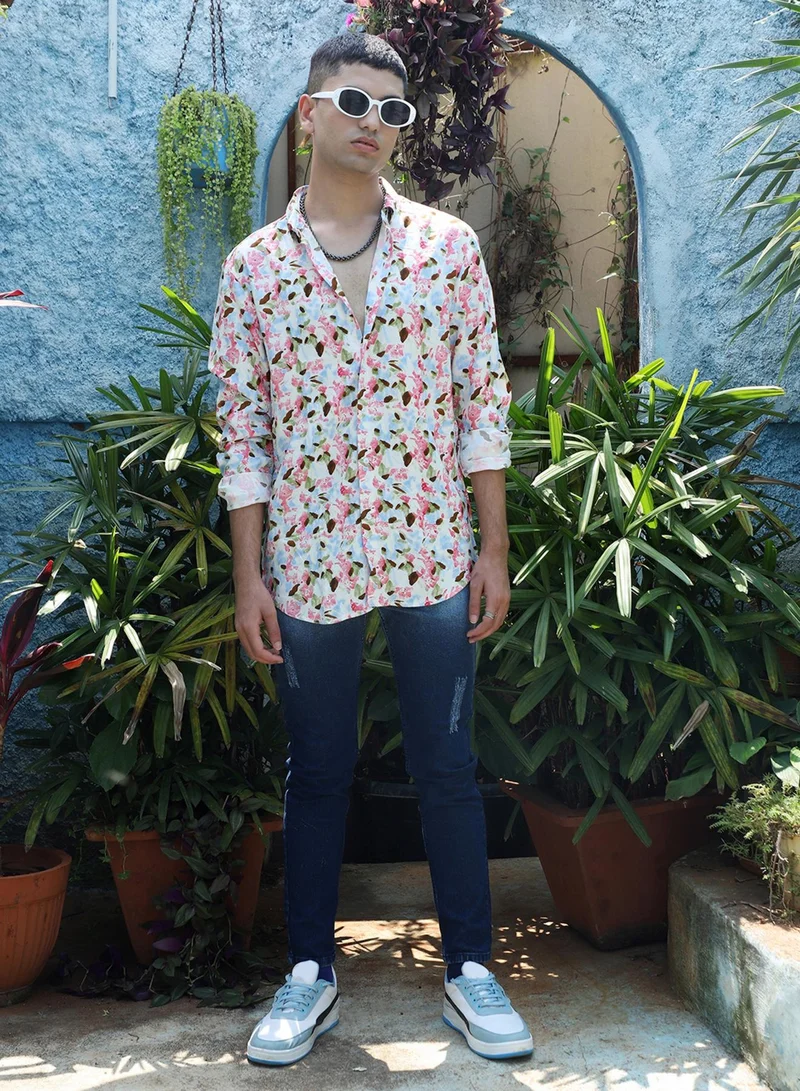 Campus Sutra Men's Blue & Pink Leaf Strokes Shirt