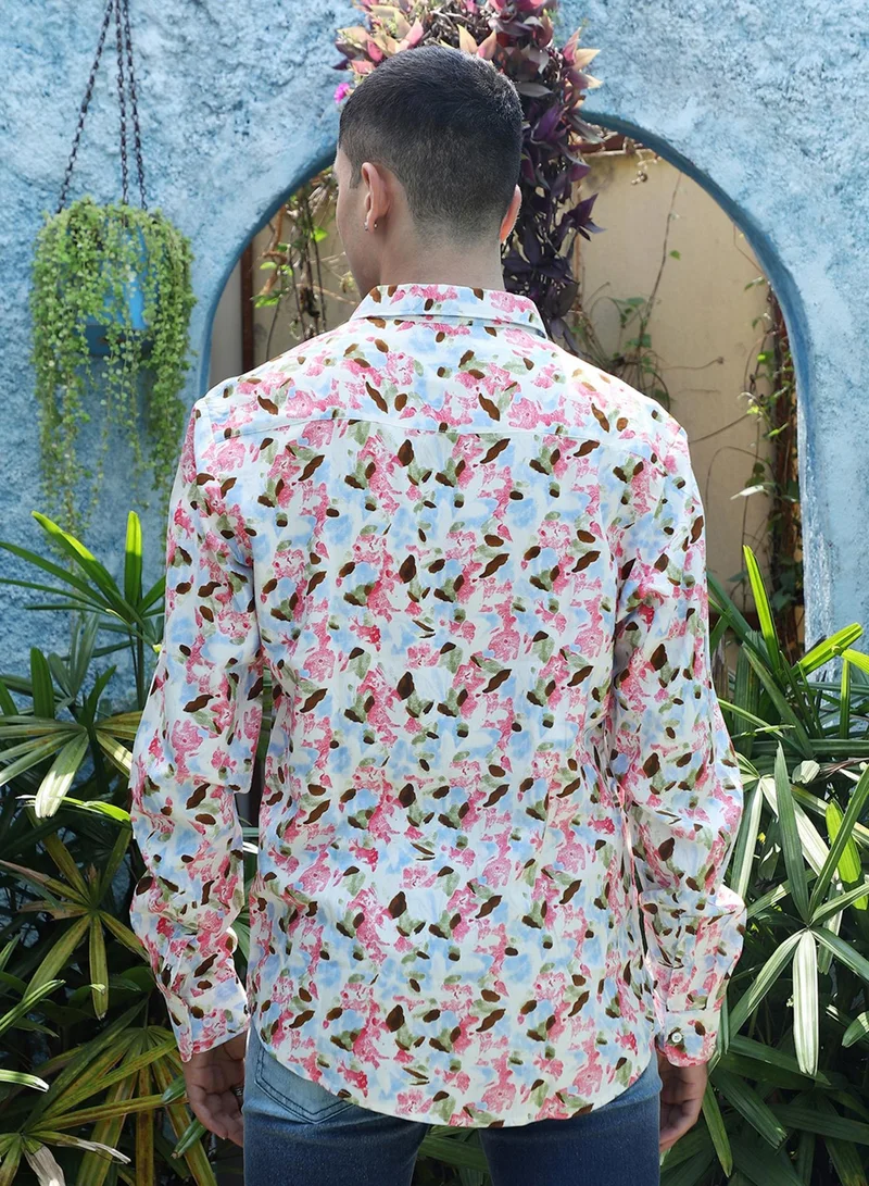 Campus Sutra Men's Blue & Pink Leaf Strokes Shirt