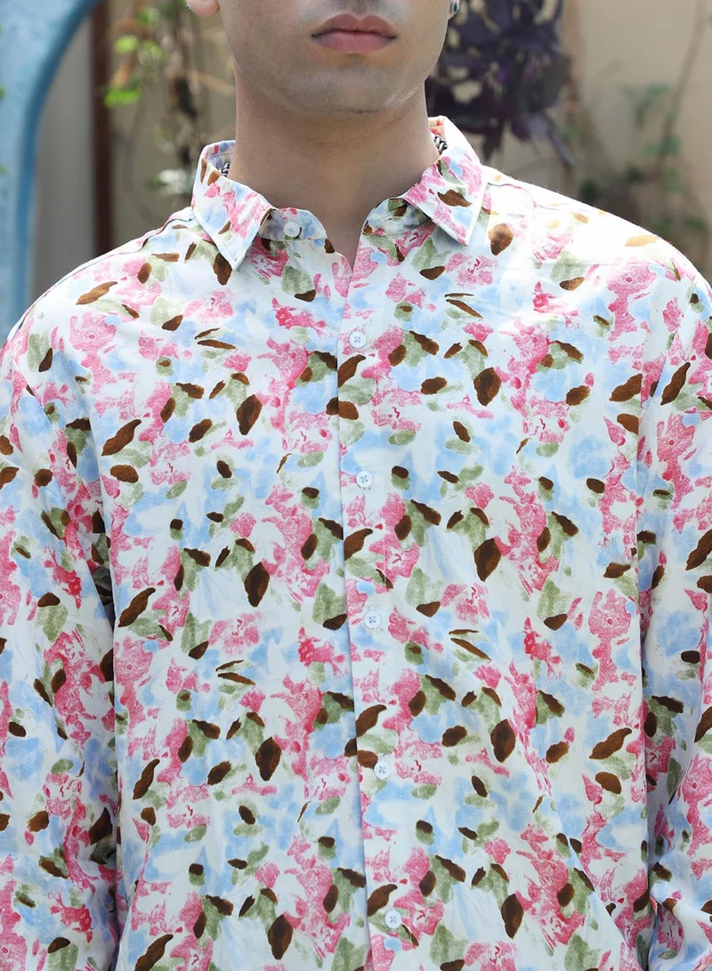 Campus Sutra Men's Blue & Pink Leaf Strokes Shirt