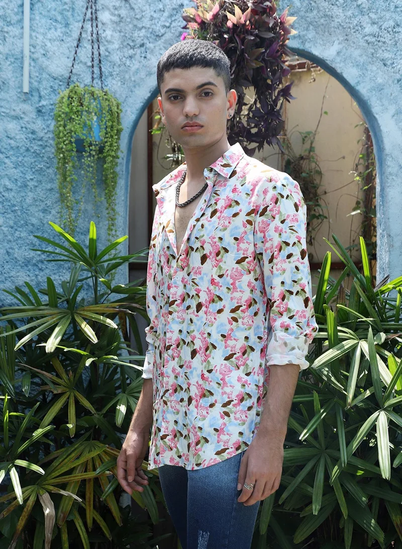 Campus Sutra Men's Blue & Pink Leaf Strokes Shirt