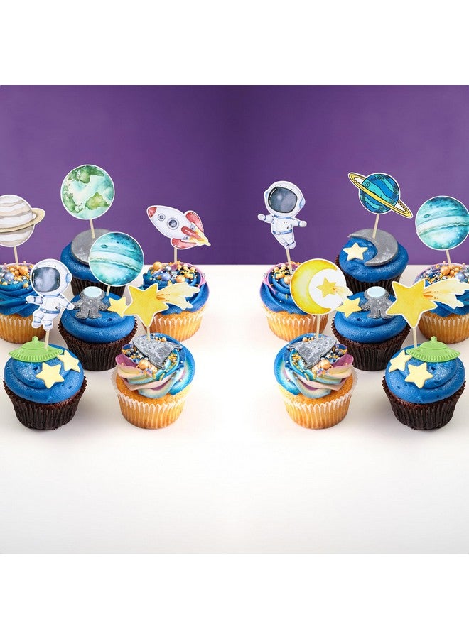 Ephlyn 36Pcs Space Astronaut Cupcake Toppers Planet Rocket Spaceship Trip to the Moon Star Cupcake Food Picks Universe Outer Space Theme Baby Shower Kids Birthday Party Supplies Blue - Image 5