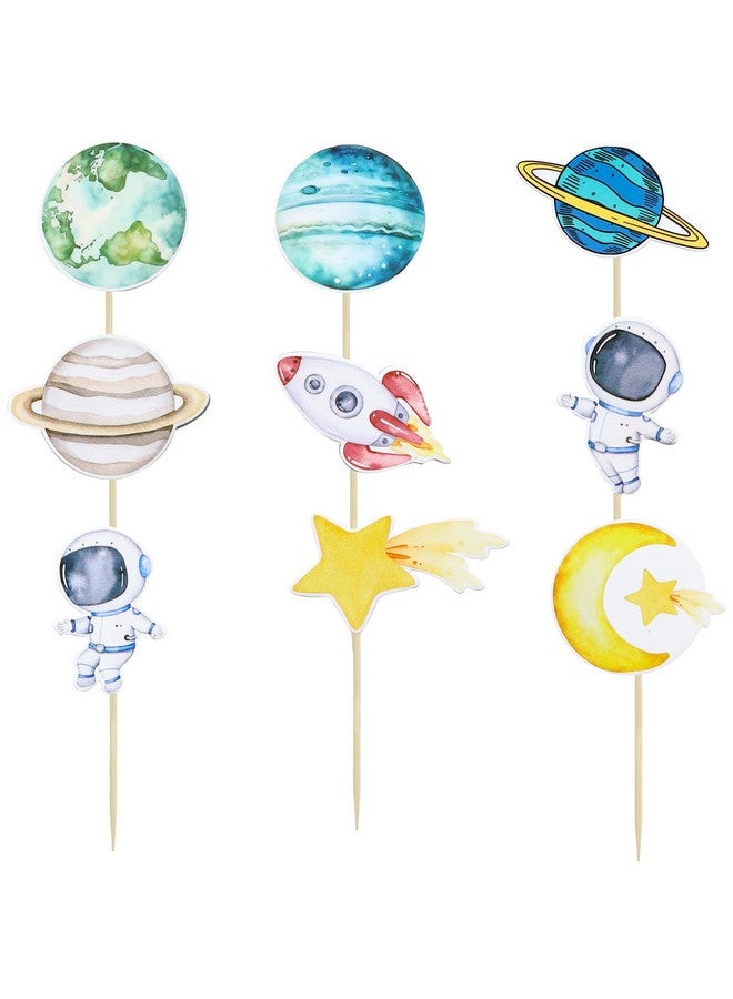 Ephlyn 36Pcs Space Astronaut Cupcake Toppers Planet Rocket Spaceship Trip to the Moon Star Cupcake Food Picks Universe Outer Space Theme Baby Shower Kids Birthday Party Supplies Blue - Image 4