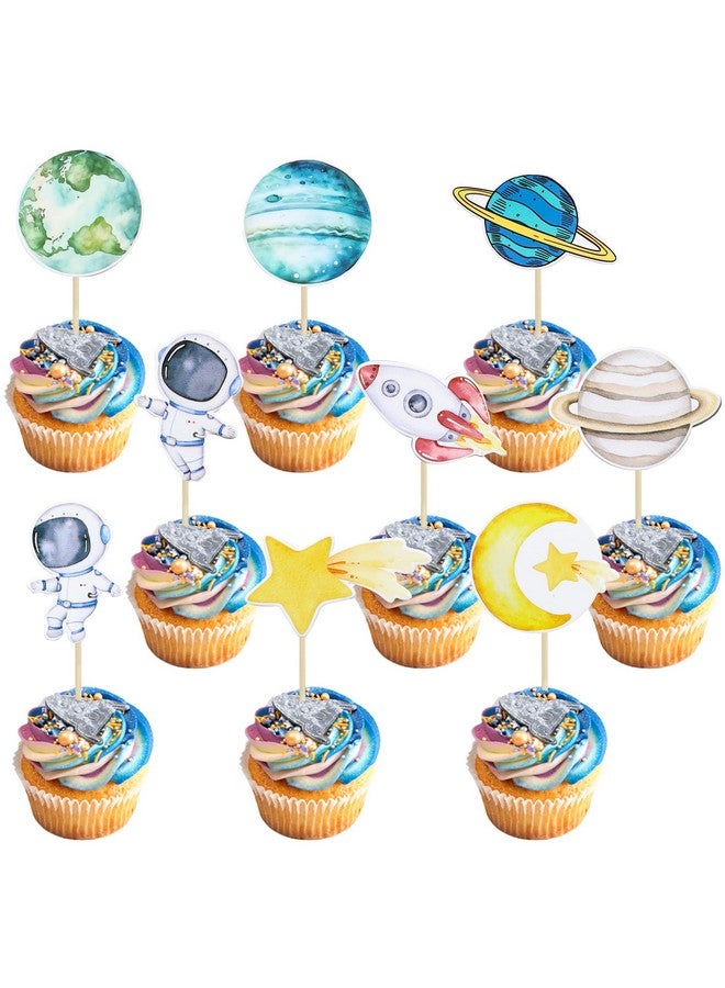 Ephlyn 36Pcs Space Astronaut Cupcake Toppers Planet Rocket Spaceship Trip to the Moon Star Cupcake Food Picks Universe Outer Space Theme Baby Shower Kids Birthday Party Supplies Blue - Image 2
