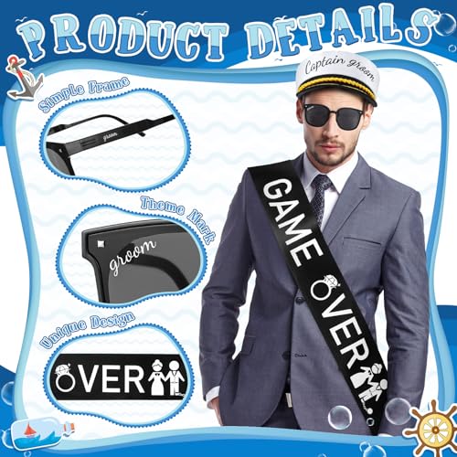 JaGely 3 Pcs Captain Bachelor Party Accessories for Groom Set Include Groom Hat Sunglasses Sash for Bridal Shower(Stylish Style) - Image 4
