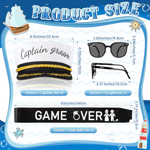JaGely 3 Pcs Captain Bachelor Party Accessories for Groom Set Include Groom Hat Sunglasses Sash for Bridal Shower(Stylish Style) - Image 3