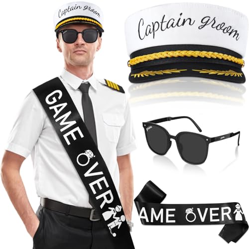 JaGely 3 Pcs Captain Bachelor Party Accessories for Groom Set Include Groom Hat Sunglasses Sash for Bridal Shower(Stylish Style) - Image 1