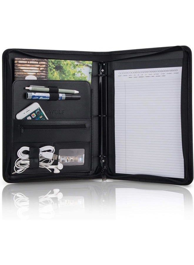 OOWOLF Padfolio Portfolio Folder, PU Leather Professional with Round Ring Binder 8.5 x 11 Inch Writing Pad Tablet Sleeve Interview Resume Document Organizer Business Card Holder Zippered Closure - Image 1